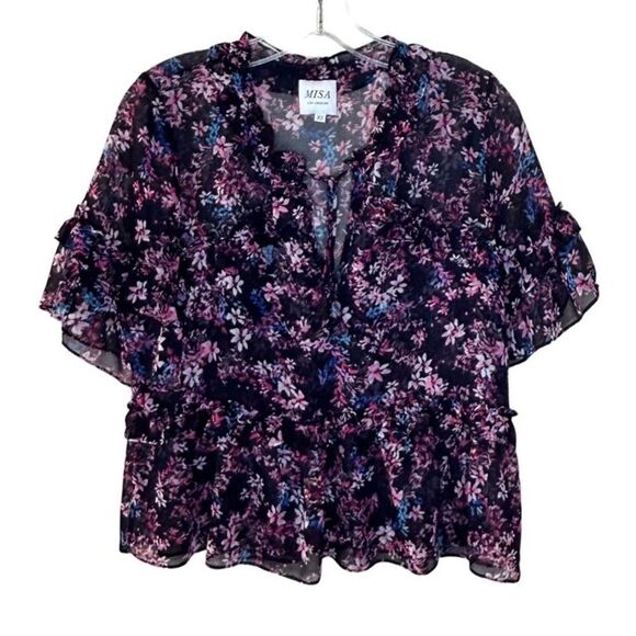 MISA - "Abigail" Short-Sleeve Blouse Floral Print - SZ XS, Black, Floral - Picture 5 of 15